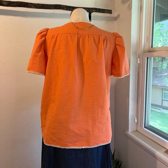 Handmade Orange Textured Two Bow Tie Puffed Short Sleeve Blouse Size Medium - Picture 7 of 11